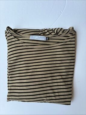 Women's Tan and Black Striped Long Sleeve Tee